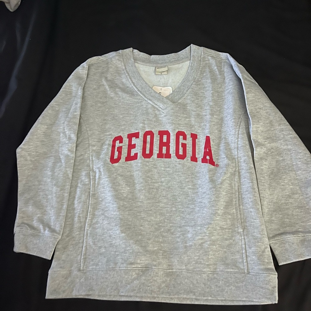 Gray V-Neck Sweater with Red Print